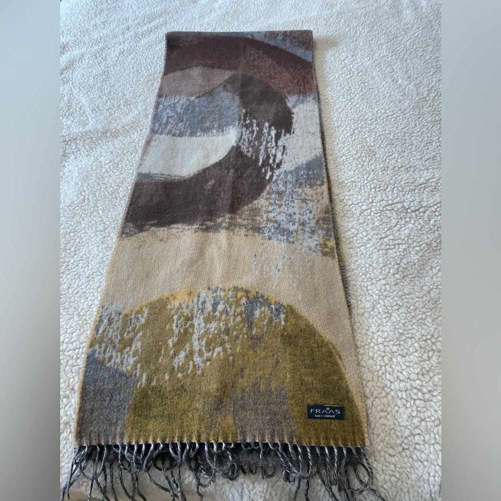 NWT Fraas Cashmink Art Fringe Scarf Silver/Brown Mustard Made in Germany 72"